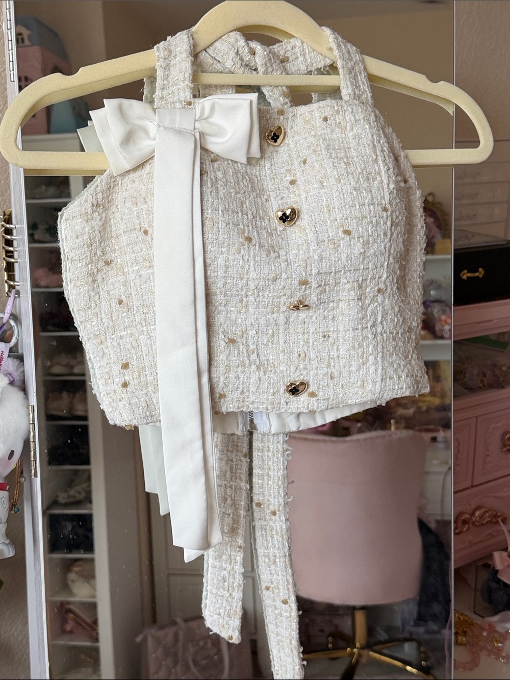 Bitsy Ivory Tweed Cropped Halter Top with Bow